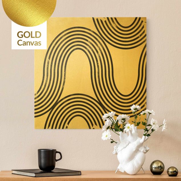 Leinwandbilder Gold Canvas Geometrische Wellen Schwarz Weiß I