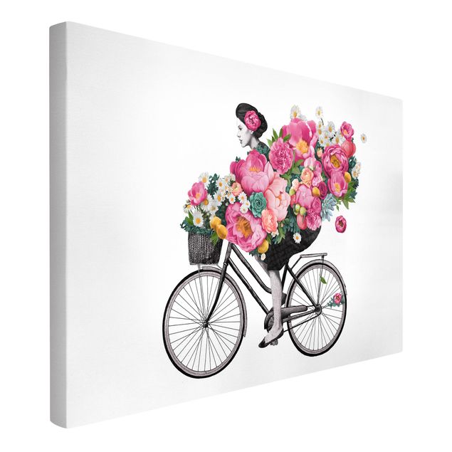 Bilder Illustration Frau auf Fahrrad Collage bunte Blumen