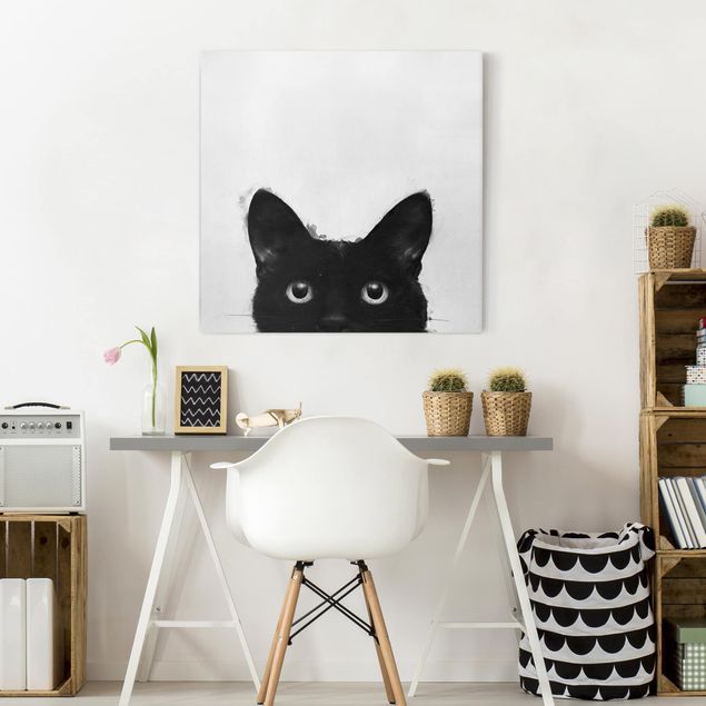 Tierbilder Leinwand Illustration Schwarze Katze auf Weiß Malerei