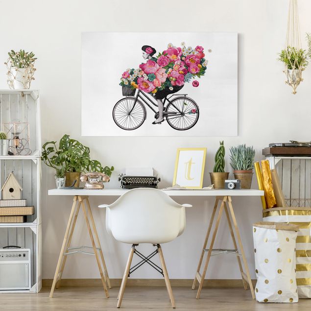 Graves Bilder Illustration Frau auf Fahrrad Collage bunte Blumen