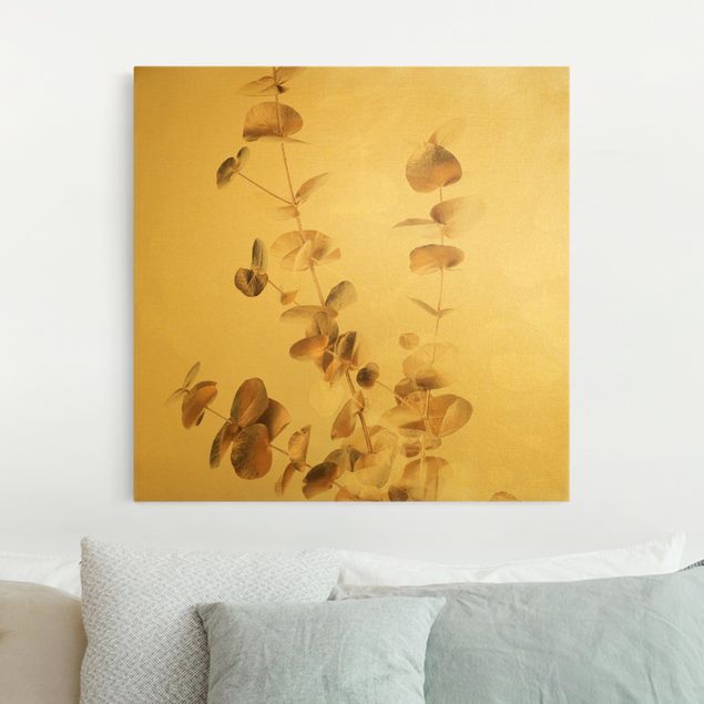 Leinwandbilder Gold Goldene Eukalyptuszweige mit Weiß