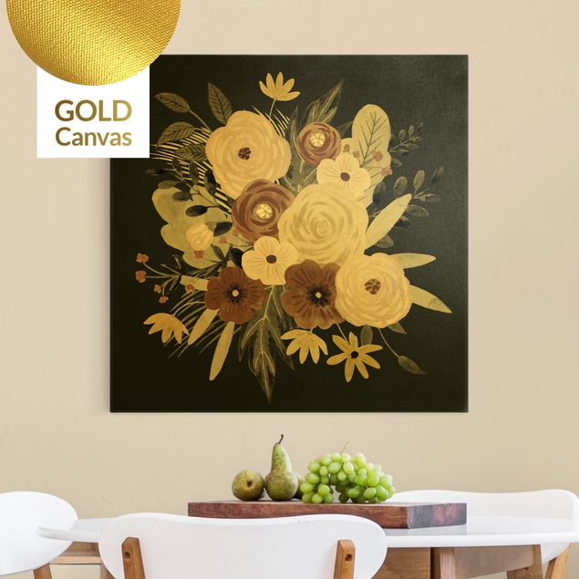 Leinwandbilder Gold Pastell Blumenbouquet vor Grün II