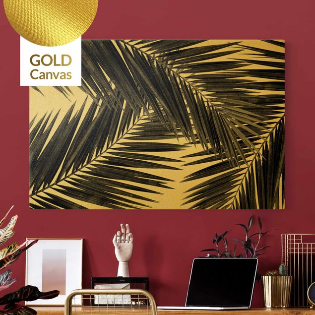 Leinwandbilder Gold Canvas Blick durch Palmenblätter Schwarz-Weiß