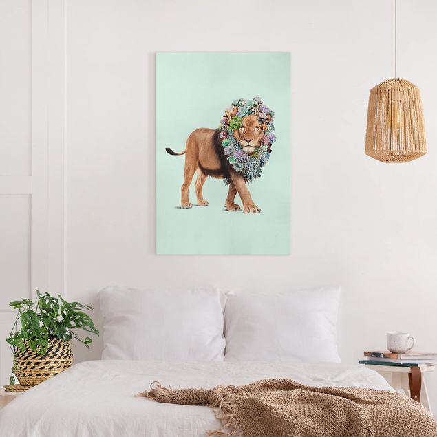 moderne Bilder auf Leinwand Löwe mit Sukkulenten