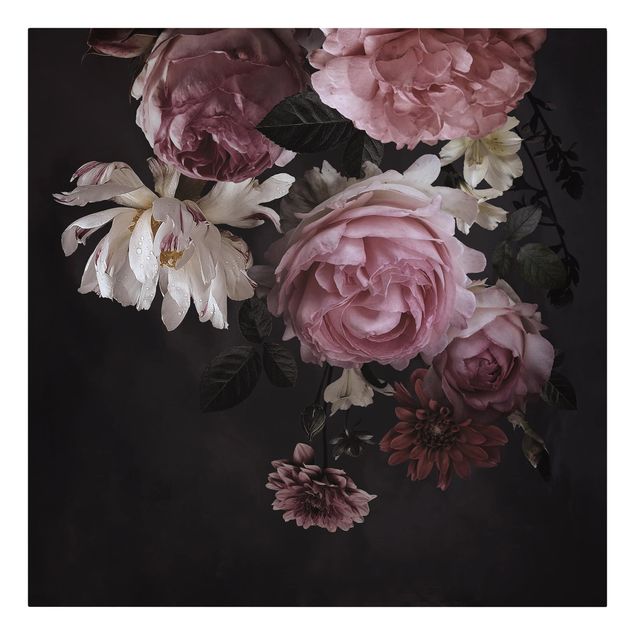Leinwandbilder Rosa Blumen auf Schwarz