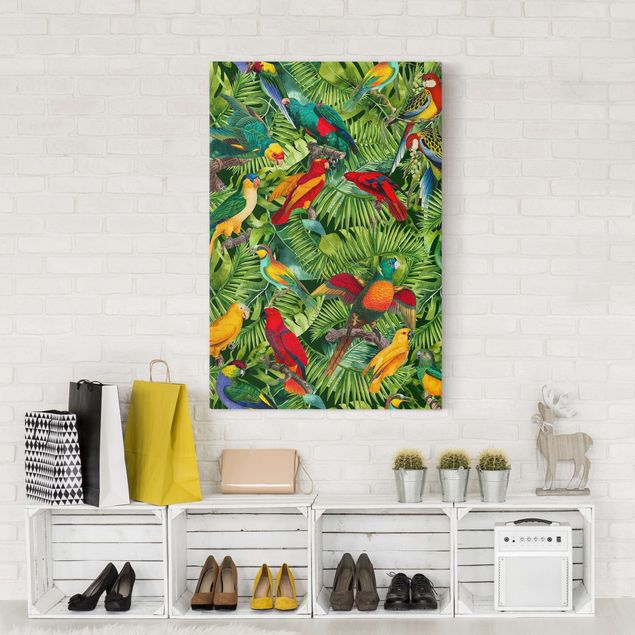 Leinwand Blumen Bunte Collage - Papageien im Dschungel