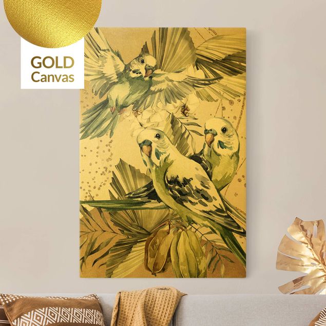 Leinwandbilder Gold Canvas Tropische Vögel - Grüne Wellensittiche