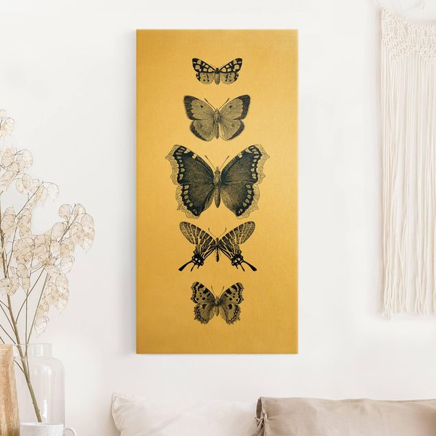Leinwandbilder Gold Tusche Schmetterlinge auf Beige