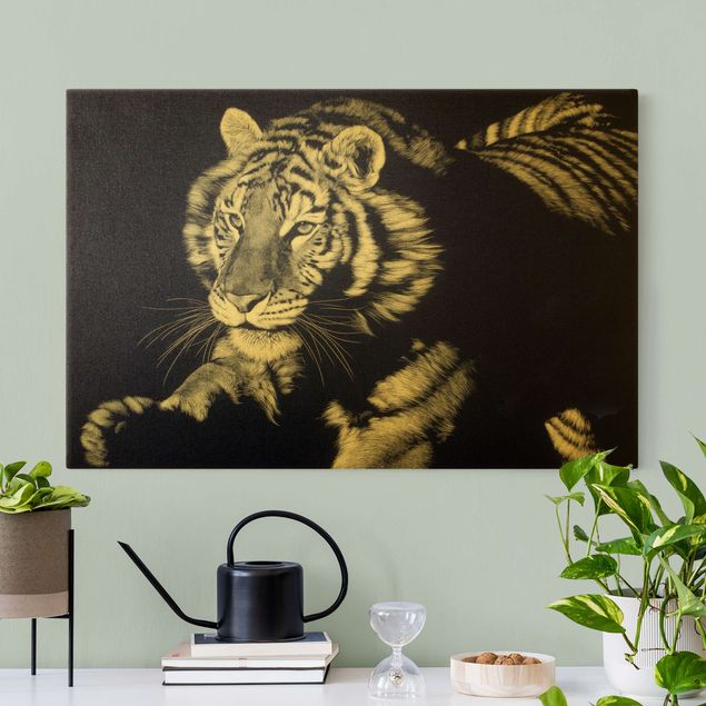 Leinwandbilder Gold Canvas Tiger im Sonnenlicht vor Schwarz
