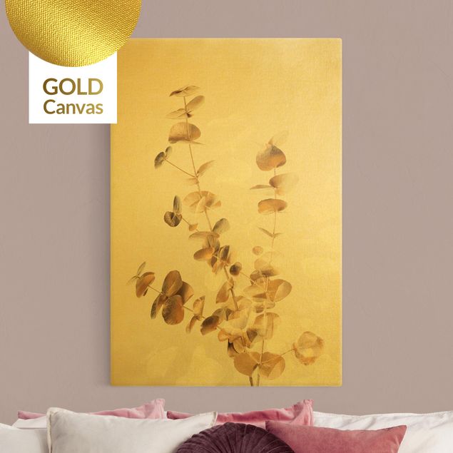 Leinwandbilder Gold Canvas Goldene Eukalyptuszweige mit Weiß