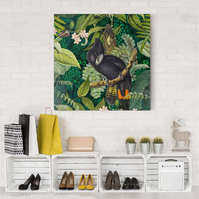 Tierbilder Leinwand Bunte Collage - Kakadus im Dschungel