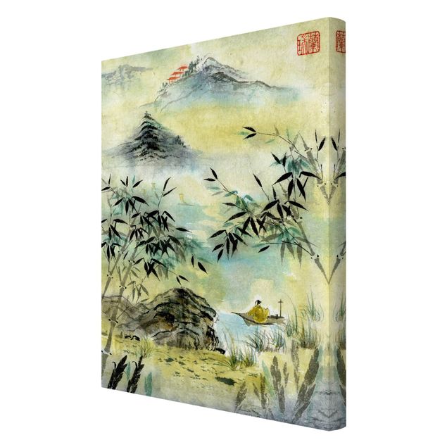 Leinwandbild - Japanische Aquarell Zeichnung Bambuswald - Hochformat 3:2