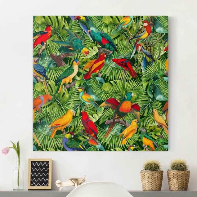 Leinwandbilder Vögel Bunte Collage - Papageien im Dschungel