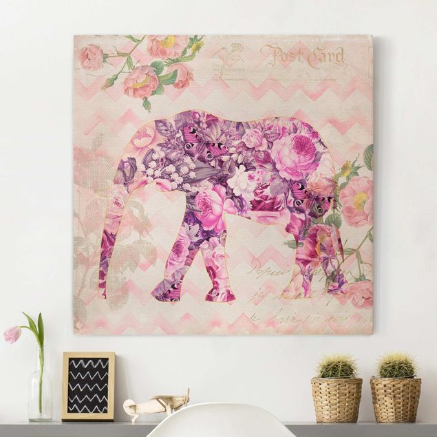 Leinwandbild Elefant Vintage Collage - Rosa Blüten Elefant