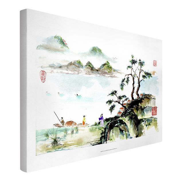 Wandbilder Japanische Aquarell Zeichnung See und Berge