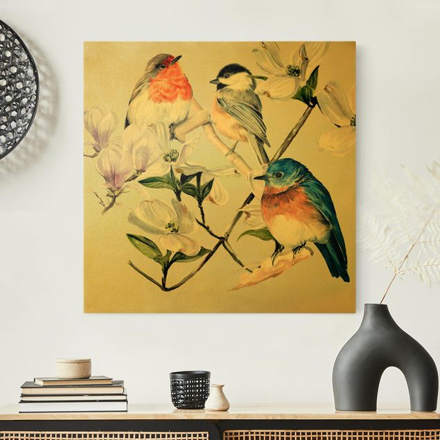 Leinwandbild Vögel Bunte Vögel auf einem Magnolienast I