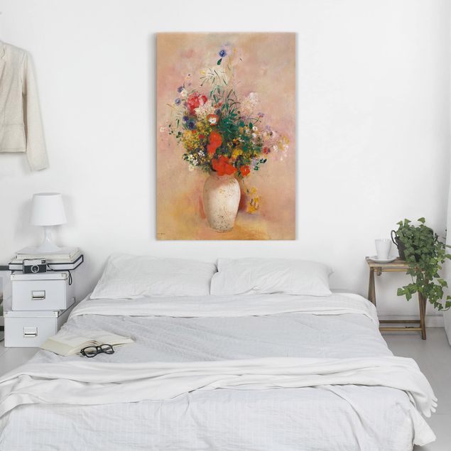 Leinwandbilder kaufen Odilon Redon - Vase mit Blumen (rosenfarbener Hintergrund)