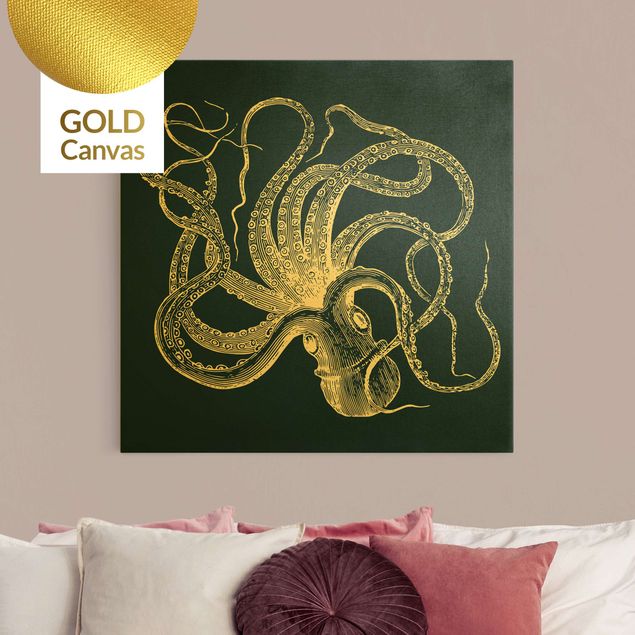 Leinwandbilder Gold Illustration verrückter Oktopus auf Blau