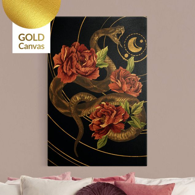 Leinwandbilder Gold Canvas Schlange mit Rosen Schwarz und Gold II