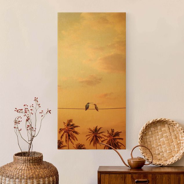 moderne Leinwandbilder Sonnenuntergang mit Kolibris