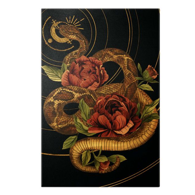 Leinwandbilder Tiere Schlange mit Rosen Schwarz und Gold I