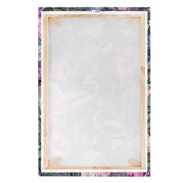 Leinwandbild - Bunte Collage - Pinke Flamingos im Dschungel - Hochformat 3:2