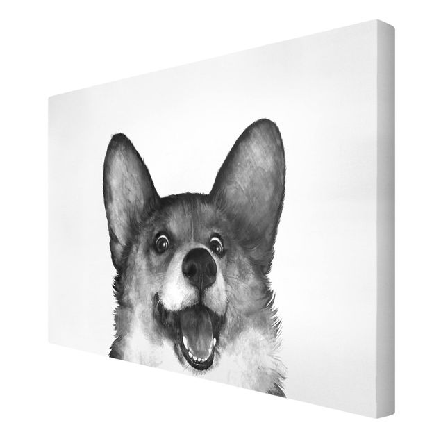 schöne Leinwandbilder Illustration Hund Corgi Weiß Schwarz Malerei
