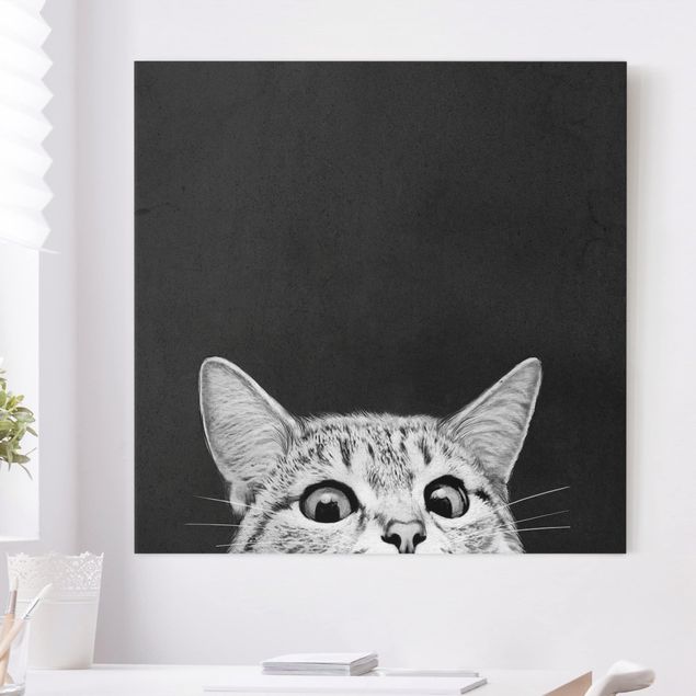 Leinwandbild Hund Illustration Katze Schwarz Weiß Zeichnung
