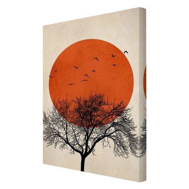Wandbilder Vogelschwarm vor roter Sonne II