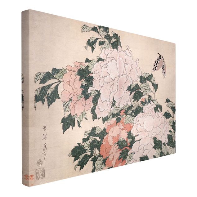 Hokusai Poster Katsushika Hokusai - Rosa Pfingstrosen mit Schmetterling