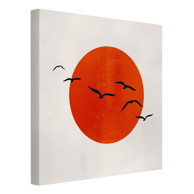 Leinwandbilder Tiere Vogelschwarm vor roter Sonne I
