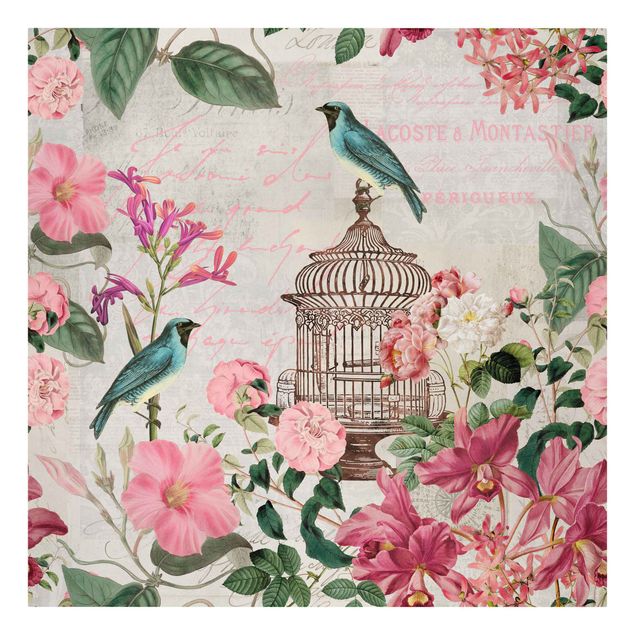 schöne Bilder Shabby Chic Collage - Rosa Blüten und blaue Vögel