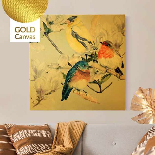 Leinwandbilder Gold Canvas Bunte Vögel auf einem Magnolienast II