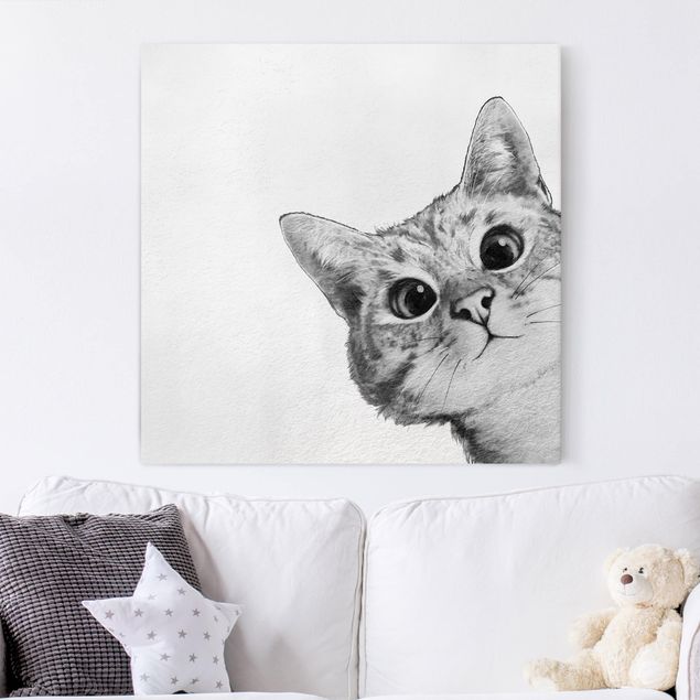 Leinwandbild Hund Illustration Katze Zeichnung Schwarz Weiß