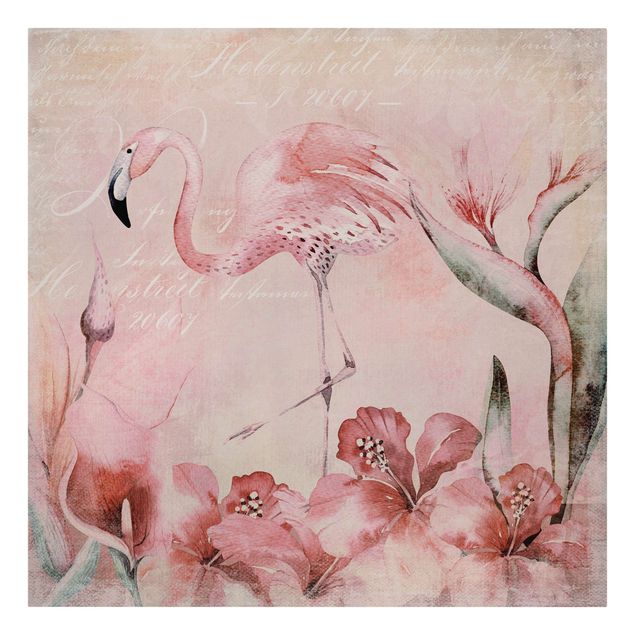 Leinwandbilder kaufen Shabby Chic Collage - Flamingo