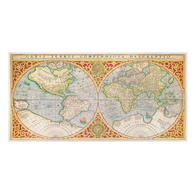 Leinwandbild - Historische Weltkarte Orbis Terrare Compendiosa Descriptio - Querformat 1:2