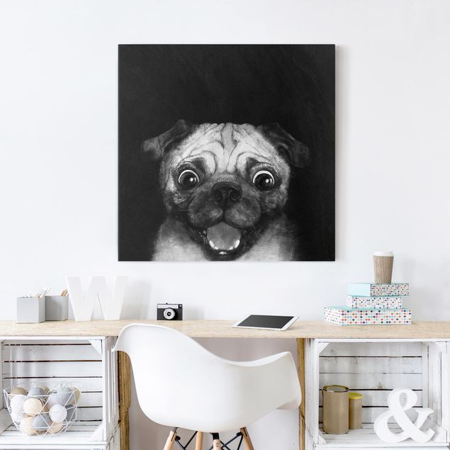 schwarz-weiß Bilder auf Leinwand Illustration Hund Mops Malerei auf Schwarz Weiß