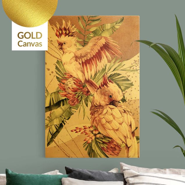 Leinwandbilder Gold Canvas Tropische Vögel - Pinke Kakadus