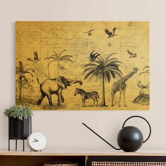 Leinwand Elefant Vintage Collage - Exotische Landkarte