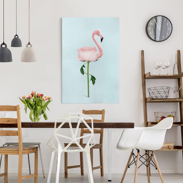 moderne Bilder auf Leinwand Flamingo mit Rose