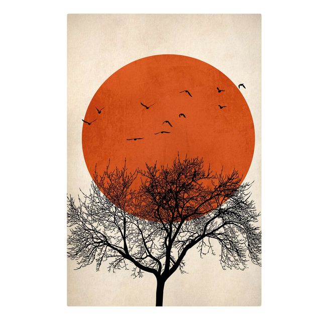 Kubistika Poster Vogelschwarm vor roter Sonne II