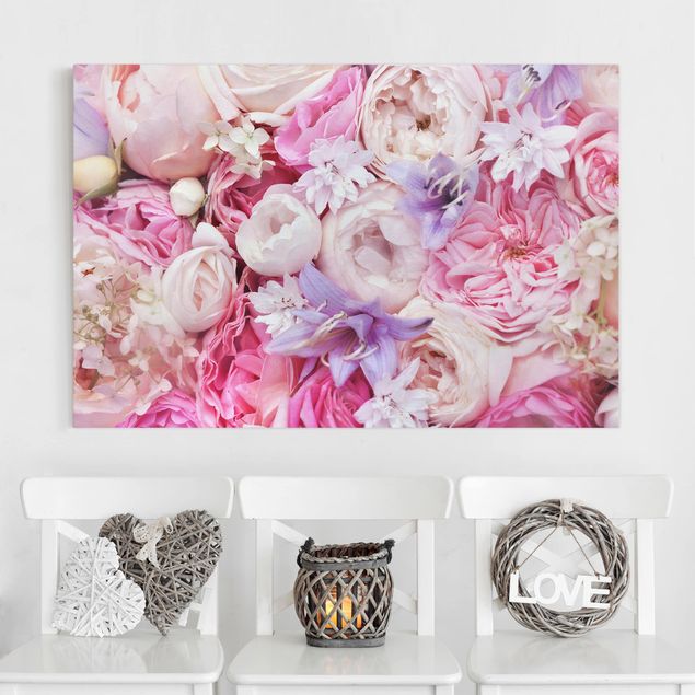 Rosen Bilder auf Leinwand Shabby Rosen mit Glockenblumen