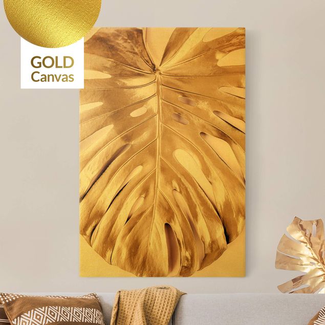 Leinwandbilder Gold Canvas Goldenes Monsterablatt auf Rosa