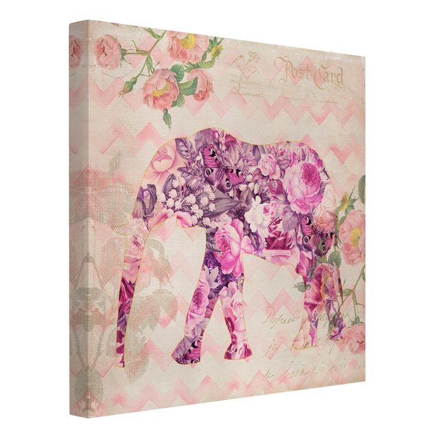 Leinwandbilder Retro Vintage Collage - Rosa Blüten Elefant