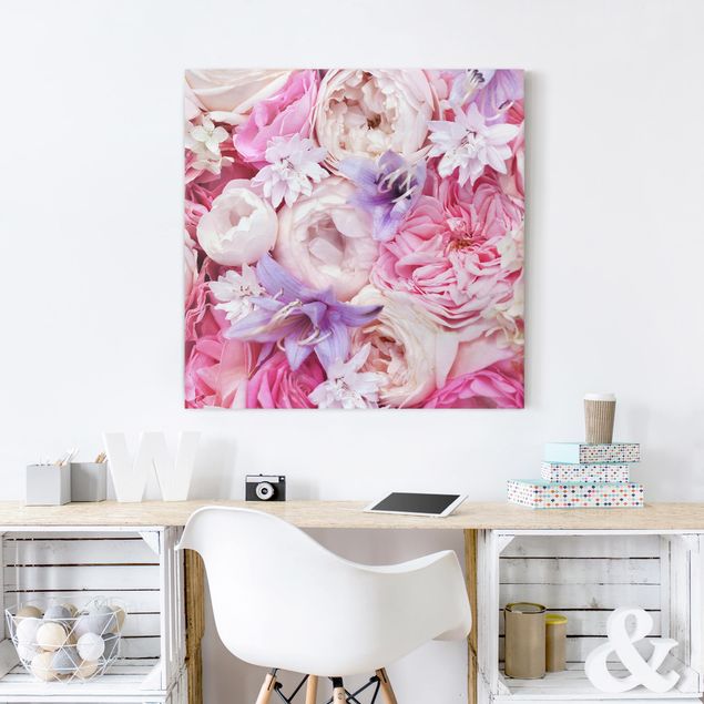Leinwandbilder Blumen Shabby Rosen mit Glockenblumen