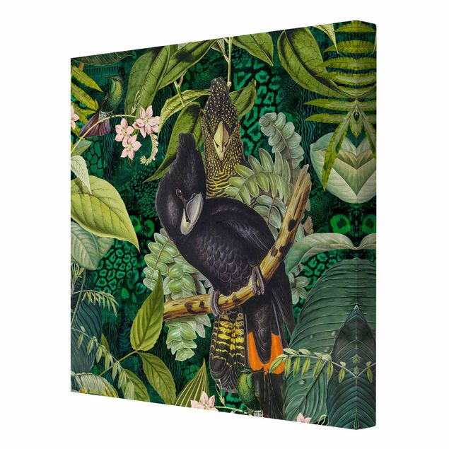 Leinwandbild - Bunte Collage - Kakadus im Dschungel - Quadrat 1:1