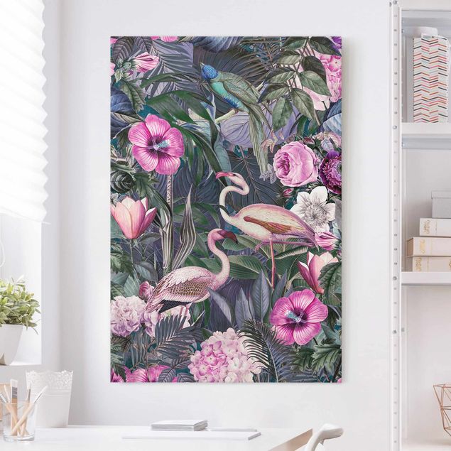 Leinwandbild Vögel Bunte Collage - Pinke Flamingos im Dschungel