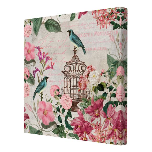schöne Leinwandbilder Shabby Chic Collage - Rosa Blüten und blaue Vögel