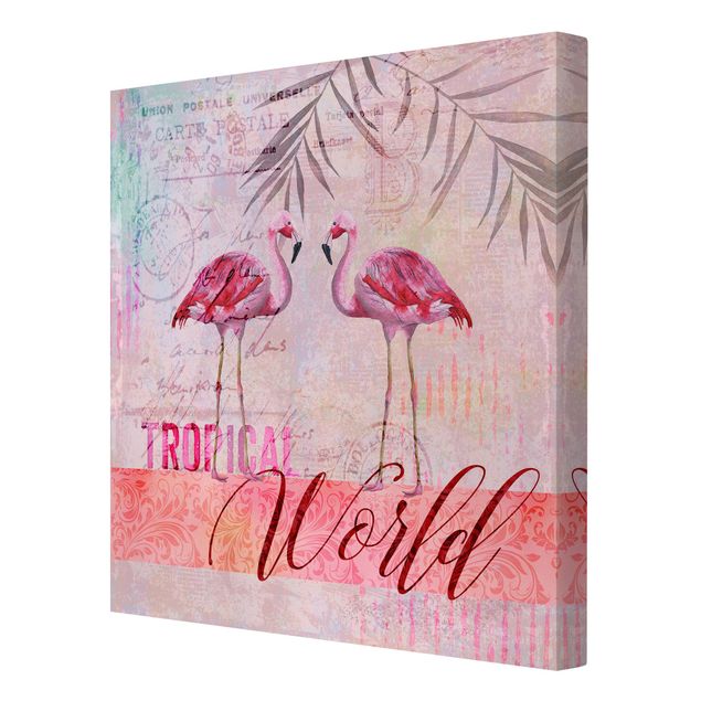 schöne Leinwandbilder Vintage Collage - Tropical World Flamingos