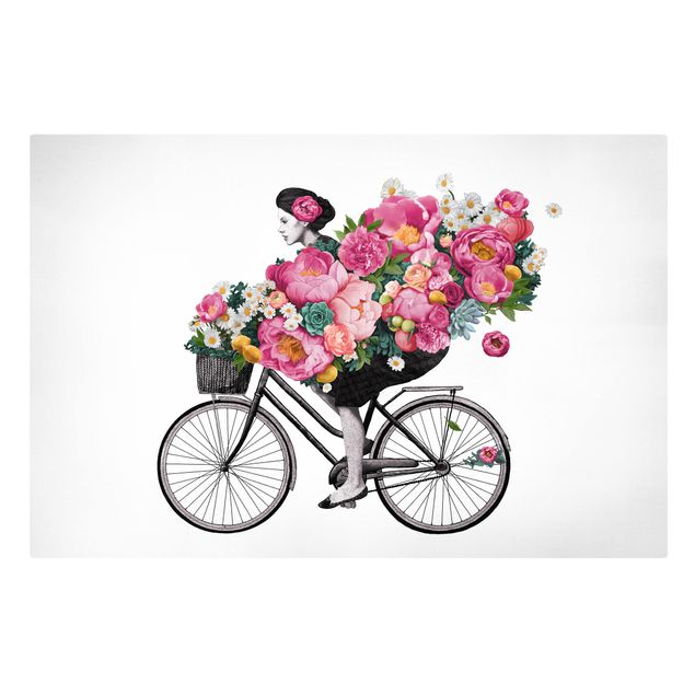 Leinwandbilder Illustration Frau auf Fahrrad Collage bunte Blumen